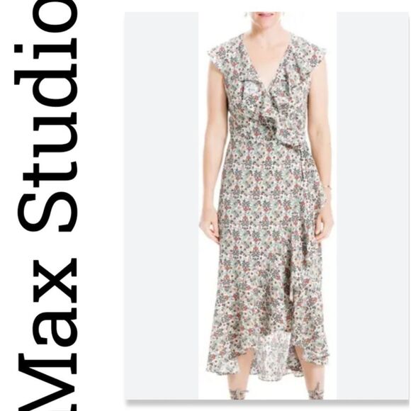 NWT Max Studio Patterned Ruffle Wrap Midi Dress - Picture 1 of 15